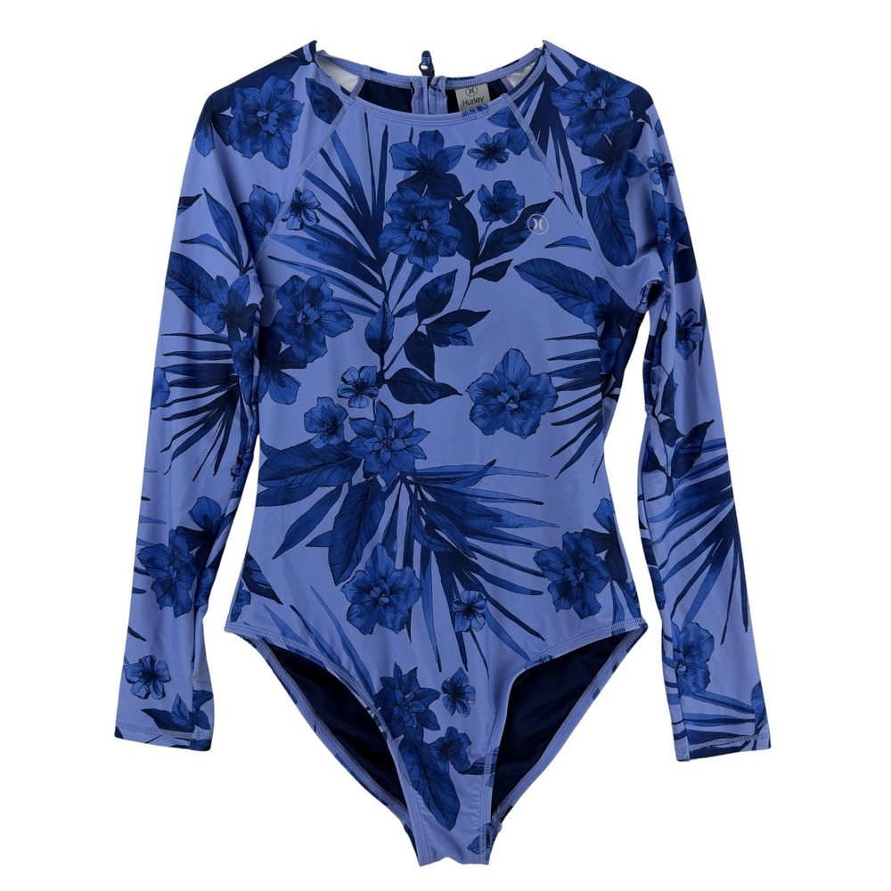 Hurley Rash Guard Swimsuit Womens Large Blue Floral One Piece Long Sleeve